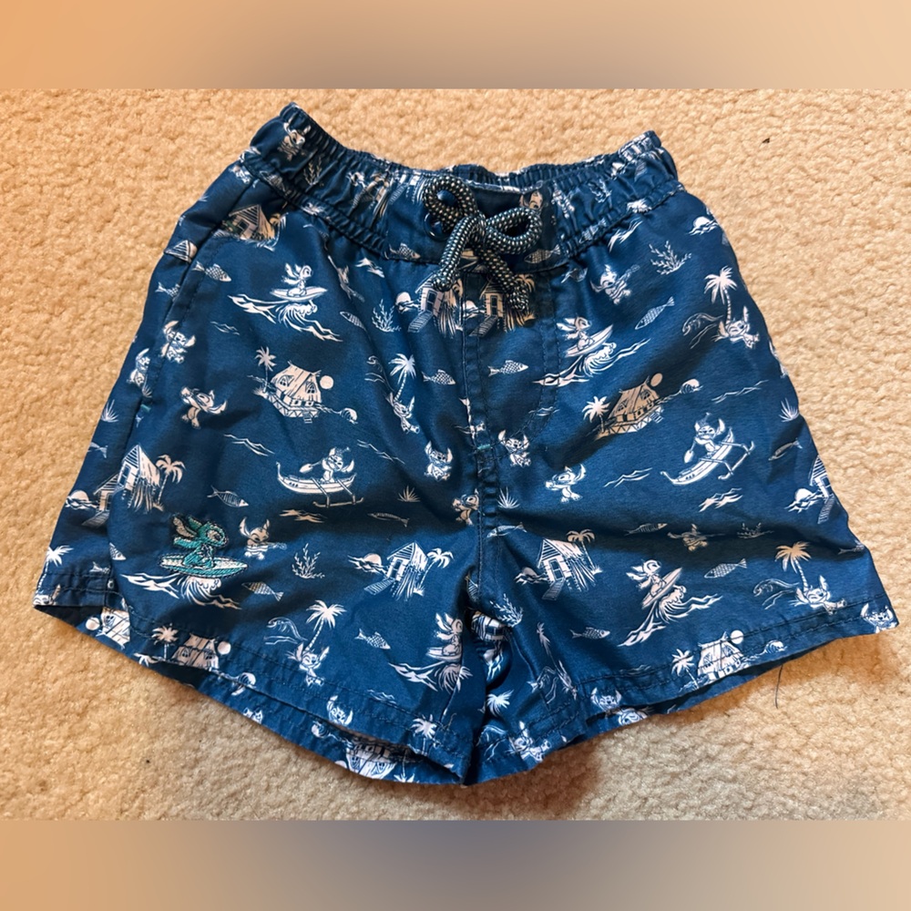 Disney Navy Blue Boys Swim Trunks with White Surf Print